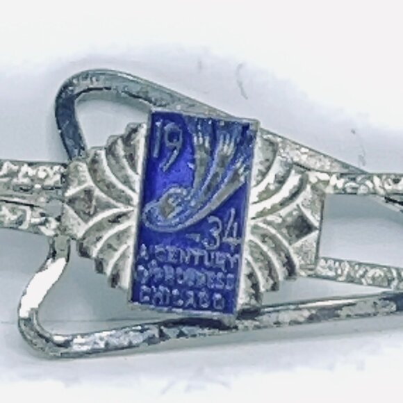 Vintage Silver Tone And Blue Enamel Worlds Fair 1934 Tie Bar (5656) - Picture 4 of 5